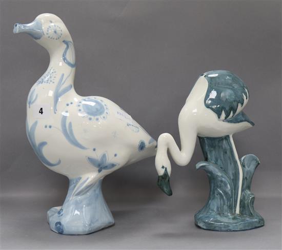 Two large David Sharp Rye pottery figures of a flamingo a gull tallest 34cm